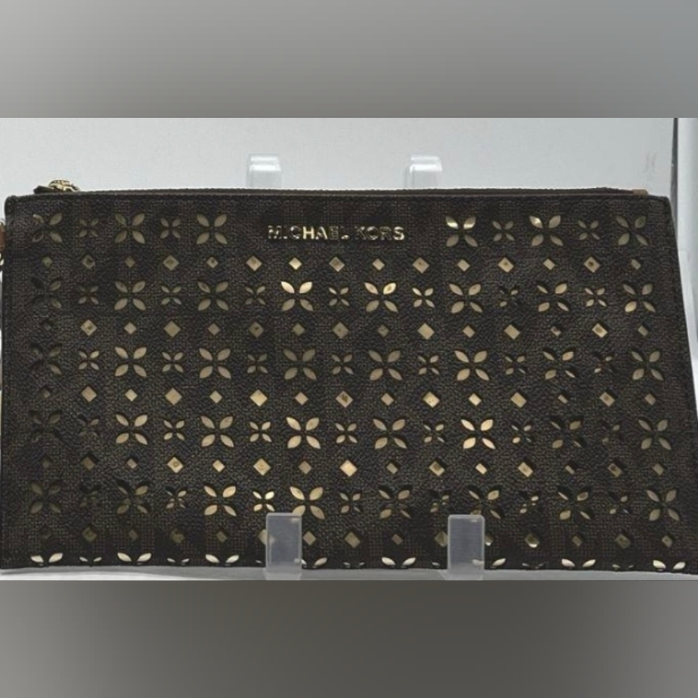 Michael Kors Brown and Gold Logo Cutout Clutch